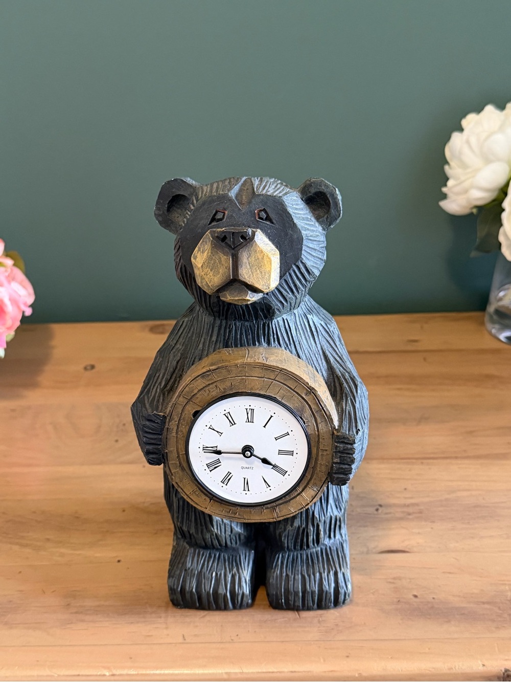 Black Forest Decor Bear Desk Clock Hand Painted Resin Working